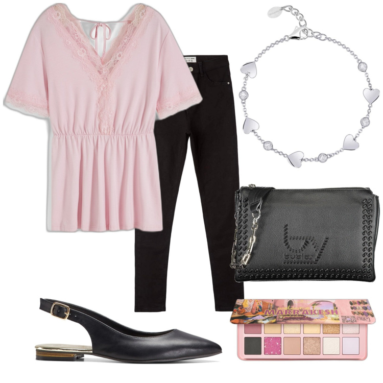 Outfit donna - Cuori al polso. Stile Casual chic per Tutti i giorni. Abbinamento con ballerine, maglieria, jeans skinny, ombretti, braccialetti, borse a spalla.