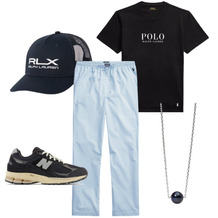 Outfit uomo - Outfit Ralph Lauren. Stile Casual per Serata speciale. Abbinamento con collane, sneakers, pantaloni, t-shirt, cappelli.