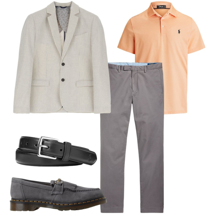 Outfit uomo - La polo color pesca. Stile Business/Elegante per Serata speciale. Abbinamento con giacche, cinture, pantaloni chino, polo, scarpe stringate.