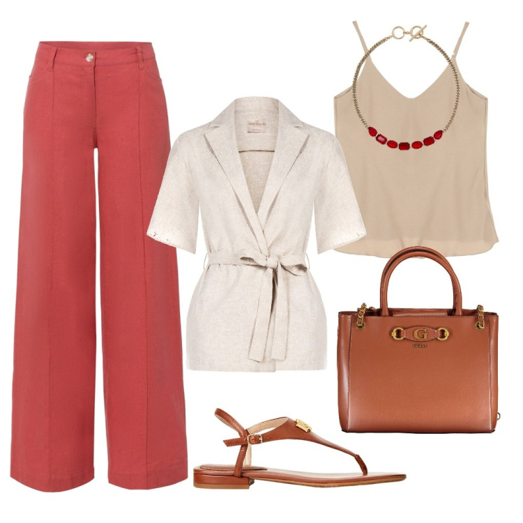 Outfit donna - Francesca: fresca in lino. Stile Casual chic per Serata fuori. Abbinamento con pantaloni a palazzo, canottiere, blazer, sandali in pelle, collane, borse a spalla.