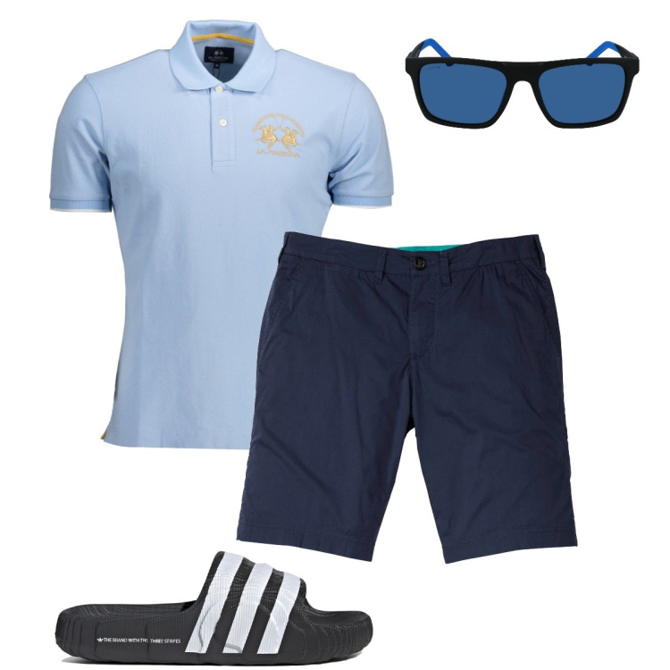 Outfit uomo - Blu style. Stile Trendy per Mare. Abbinamento con bermuda, polo, occhiali da sole, sandali.