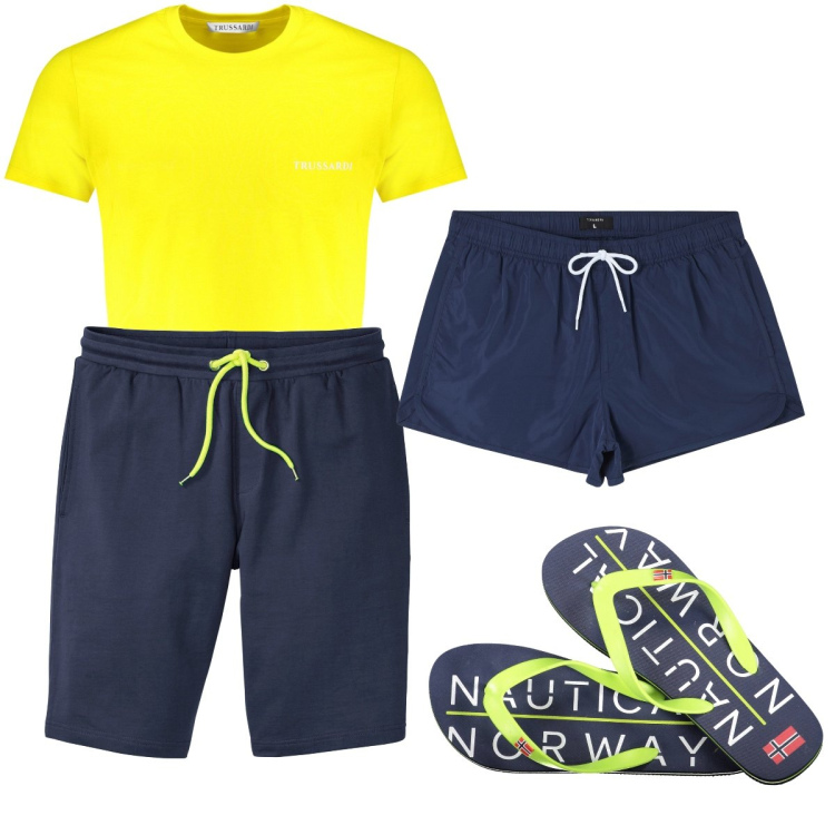Outfit uomo - Giallo flou. Stile Casual per Mare. Abbinamento con bermuda, costumi, sandali, t-shirt.