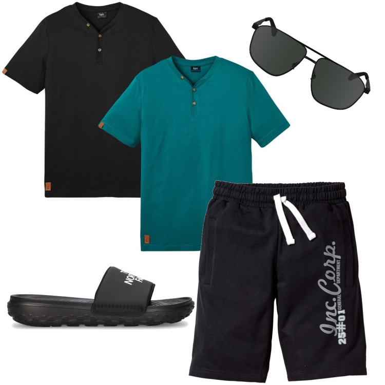 Outfit uomo - La serafino di ricambio. Stile Casual per Mare. Abbinamento con maglieria, bermuda, occhiali da sole, sandali.