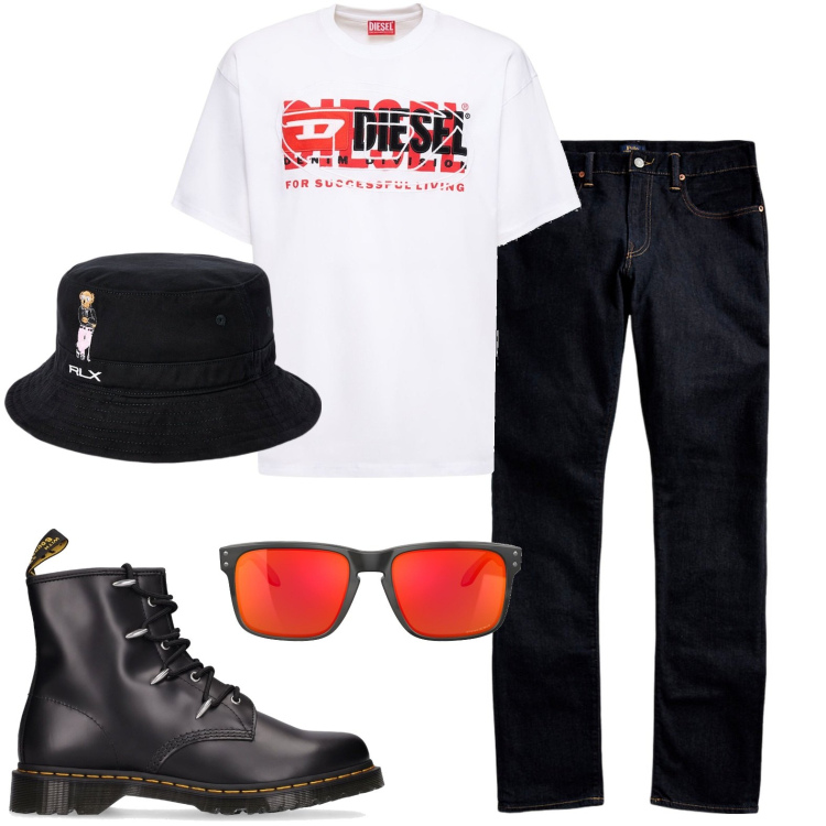 Outfit uomo - Trendy in città. Stile Casual per Tutti i giorni. Abbinamento con jeans, cappelli, stivali, occhiali da sole, t-shirt.