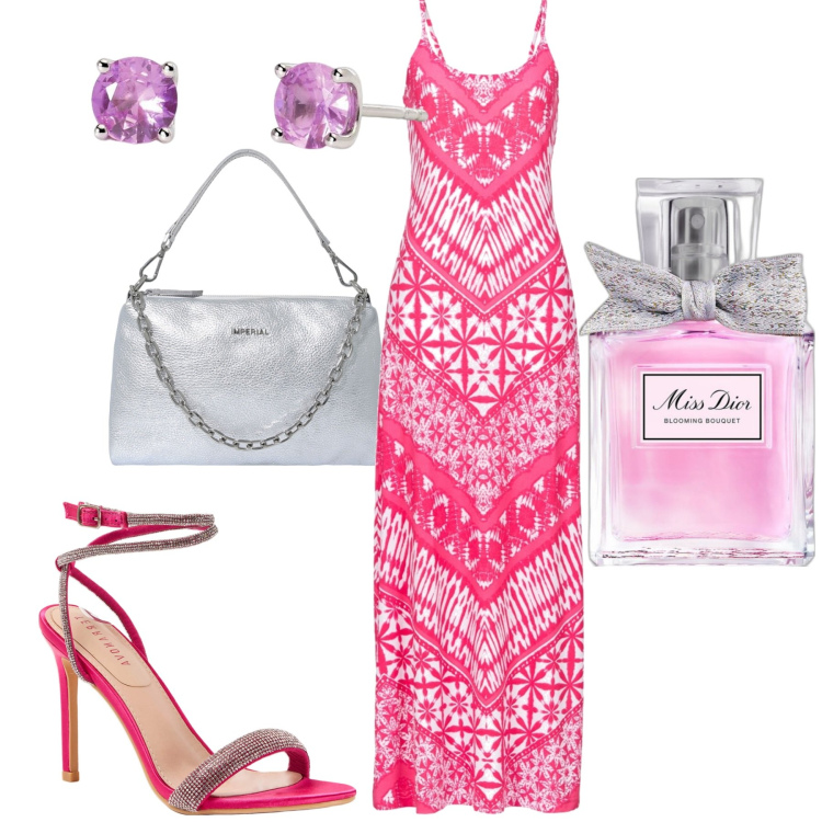 Outfit donna - Serata. Stile Chic per Serata fuori. Abbinamento con vestiti lunghi, sandali col tacco, profumi, orecchini, pochette.