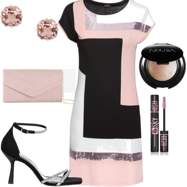 Outfit donna - Abito con inserti in paillettes. Stile Chic per Serata fuori. Abbinamento con pochette, vestiti, mascara, terre, sandali gioiello, orecchini.
