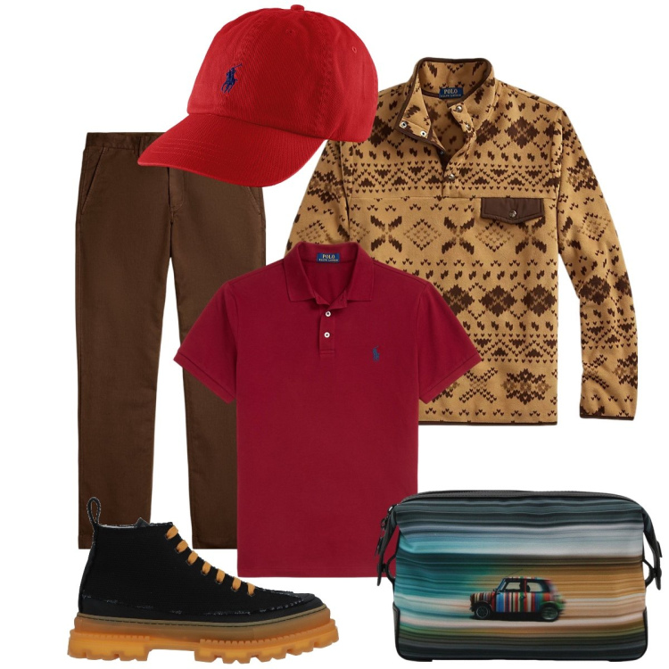 Outfit uomo - Con gli amici in montagna. Stile Casual per Sport. Abbinamento con stivali e stivaletti, cappelli, polo, pullovers, pantaloni, borse sportive.