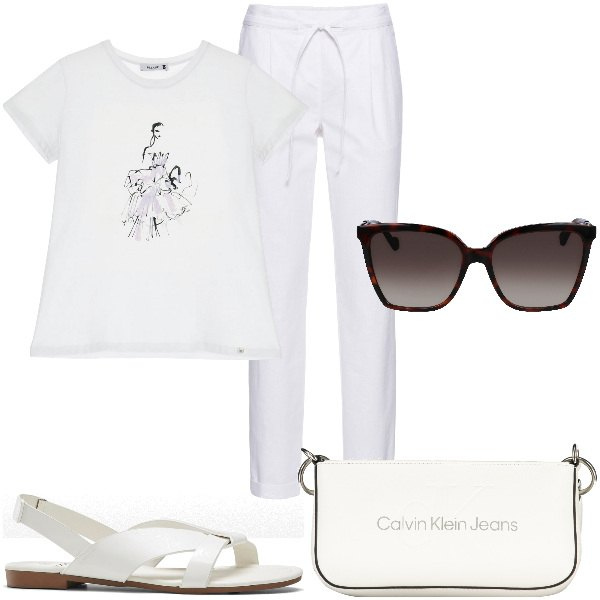 Outfit donna - Total look #1915370. Stile Basic per Tutti i giorni. Abbinamento con pantaloni, sandali, t-shirt, occhiali da sole, borse a spalla.