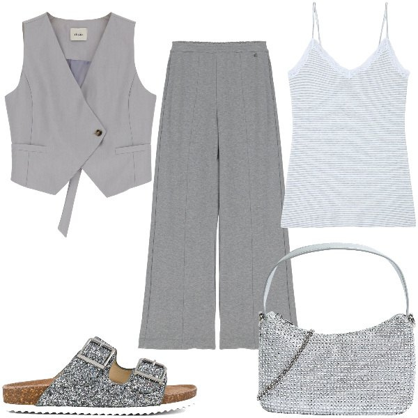 Outfit donna - Total look #1915376. Stile Casual chic per Serata fuori. Abbinamento con canottiere, borse a tracolla, pantaloni, gilet, sandali.
