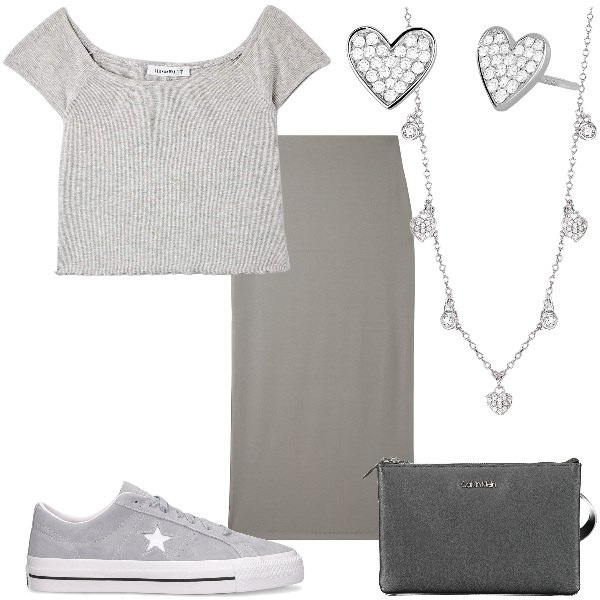 Outfit donna - Total look #1915379. Stile Basic per Tutti i giorni. Abbinamento con t-shirt, gonne lunghe, orecchini, collane, sneakers, borse a tracolla.