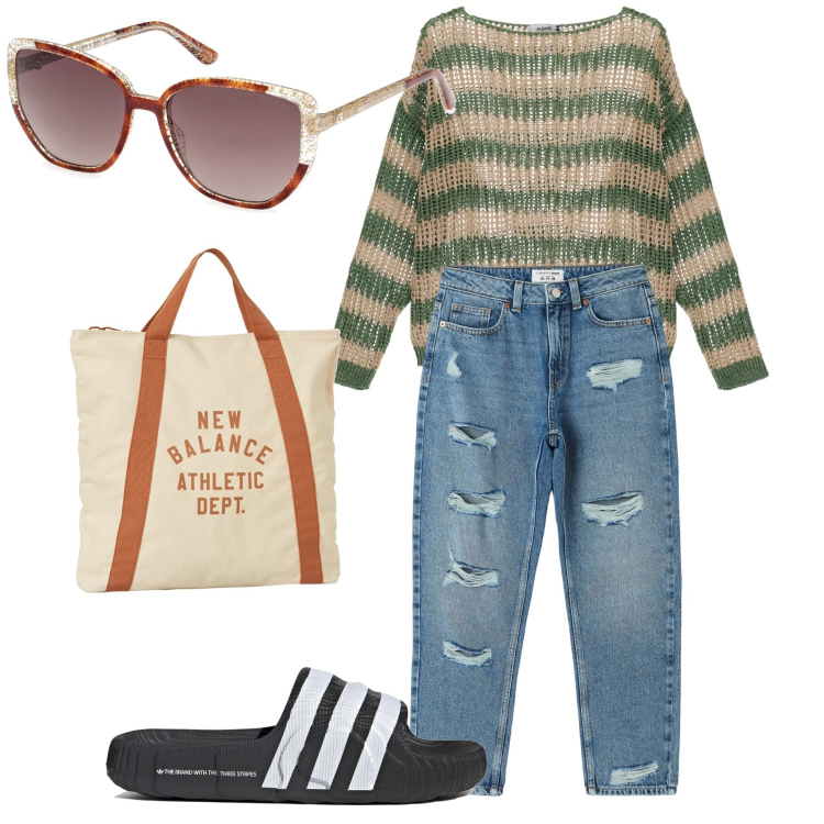 Outfit donna - La ciabattina rigata. Stile Casual chic per Tutti i giorni. Abbinamento con jeans mom, borse a mano, pullovers, sandali, occhiali da sole.