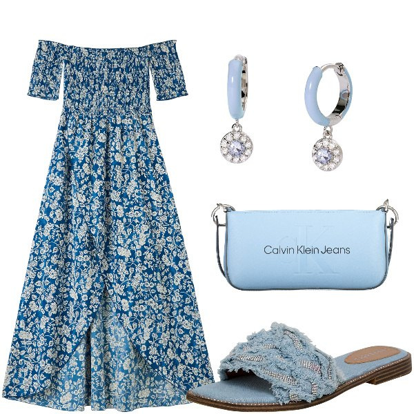 Outfit donna - Total look #1915383. Stile Romantica per Serata fuori. Abbinamento con vestiti lunghi, ciabatte, orecchini, borse a spalla.