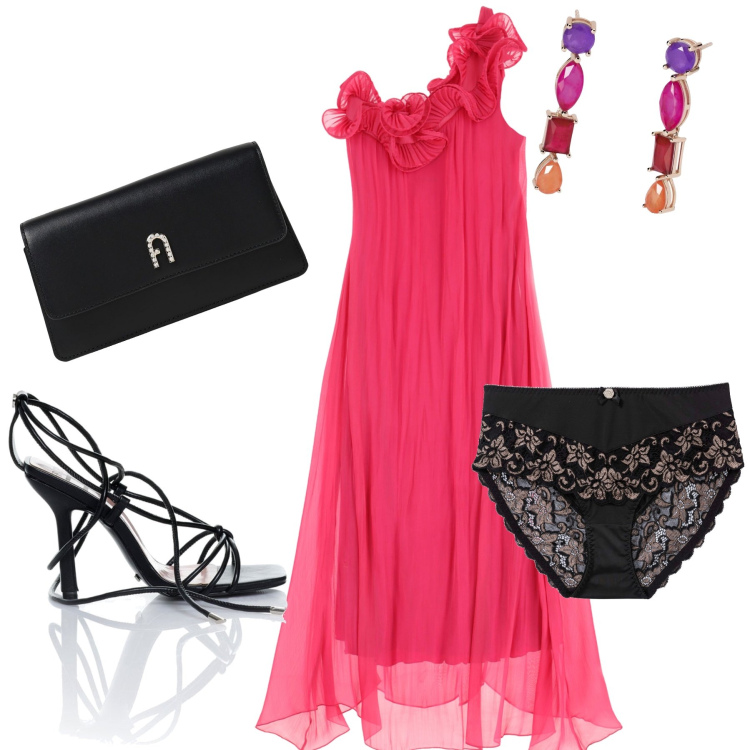 Outfit donna - Al ballo. Stile Glamour per Serata fuori. Abbinamento con culotte, orecchini, sandali alla schiava, vestiti lunghi, clutch.