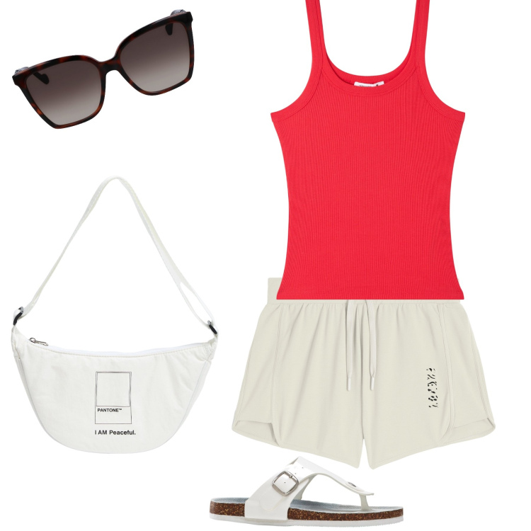 Outfit donna - Estate. Stile Basic per Tutti i giorni. Abbinamento con infradito, marsupi, canottiere, pantaloni corti, occhiali da sole.