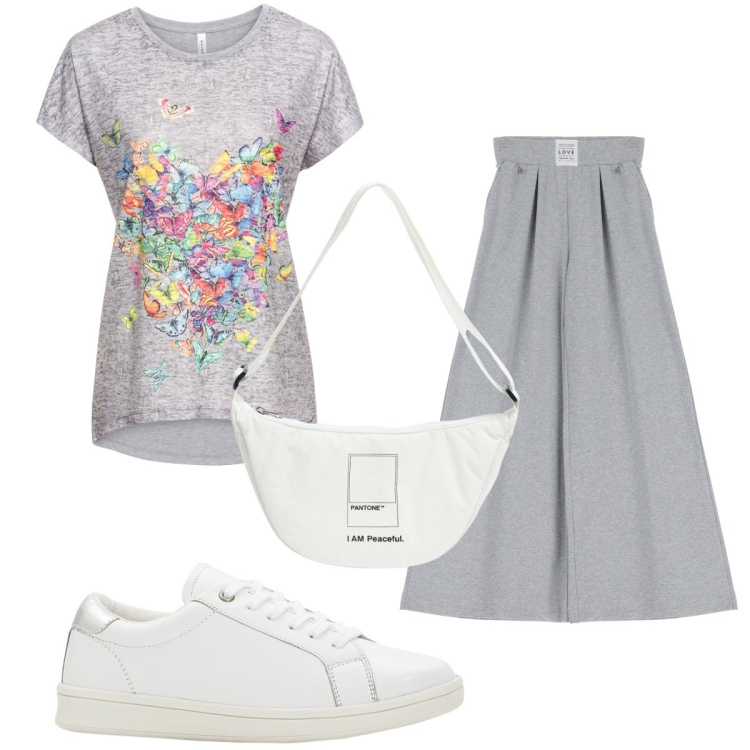 Outfit donna - Total look #1915394. Stile Basic per Tutti i giorni. Abbinamento con t-shirt, sneakers, marsupi, pantaloni a palazzo.