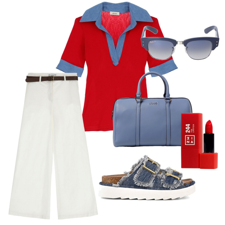 Outfit donna - In ufficio prima delle vacanze!!!. Stile Casual per Ufficio. Abbinamento con rossetti, pantaloni, camicie a manica corta, zeppe, borse a mano, occhiali da sole.