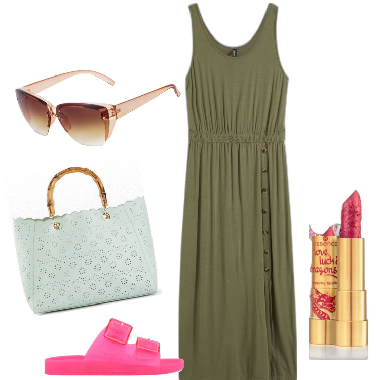 Outfit donna - Estate total outfit. Stile Basic per Tutti i giorni. Abbinamento con occhiali da sole, vestiti lunghi, borse a mano, rossetti, sandali.