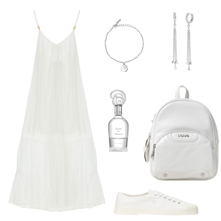 Outfit donna - Total White a spasso con il caldo. Stile Basic per Tutti i giorni. Abbinamento con profumi, orecchini, braccialetti con ciondoli, vestiti lunghi, sneakers, zaini.