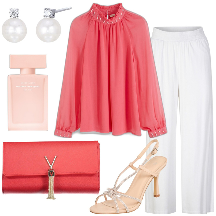 Outfit donna - Total look #1915410. Stile Chic per Serata fuori. Abbinamento con pantaloni, bluse, profumi, sandali col tacco, orecchini, borse a mano.