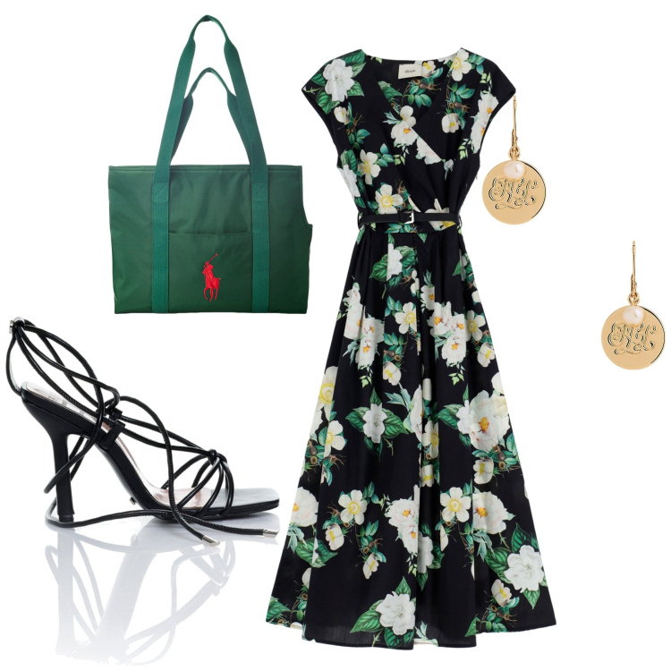 Outfit donna - City. Stile Romantica per Tutti i giorni. Abbinamento con sandali alla schiava, vestiti lunghi, borse tote, orecchini.