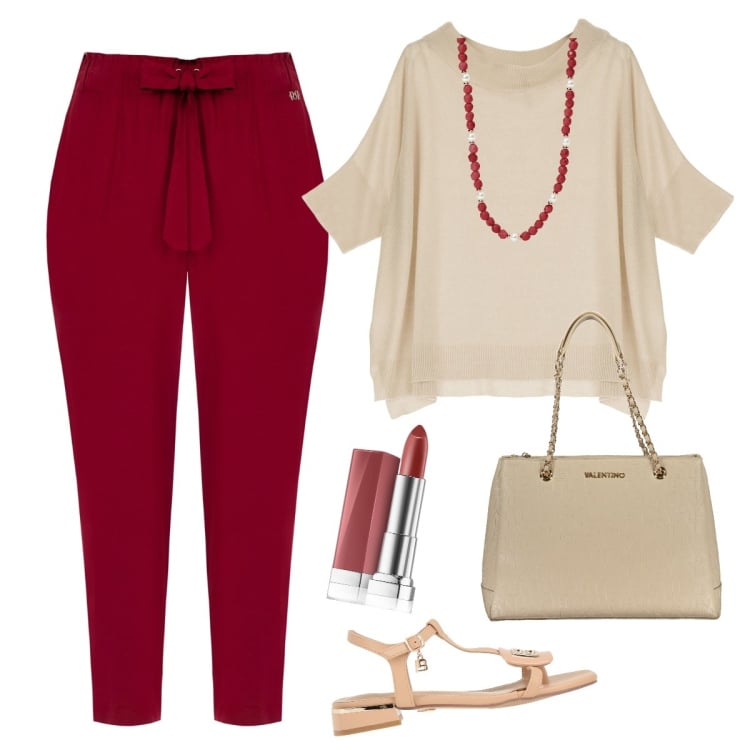 Outfit donna - Dettagli ciliegia. Stile Casual chic per Tutti i giorni. Abbinamento con sandali, rossetti, pantaloni, collane, maglieria, borse a spalla.