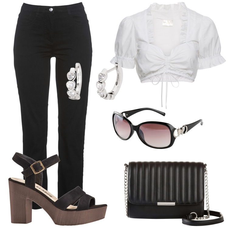 Outfit donna - Bianco e nero. Stile Casual chic per Tutti i giorni. Abbinamento con camicie, occhiali da sole, pantaloni, sandali col tacco, borse a tracolla, orecchini.
