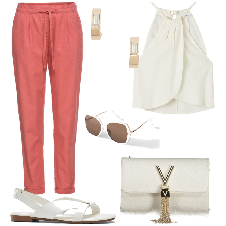 Outfit donna - Cerimonia a luglio. Stile Glamour per Cerimonia. Abbinamento con sandali, pantaloni, occhiali da sole, top, orecchini, borse a tracolla.