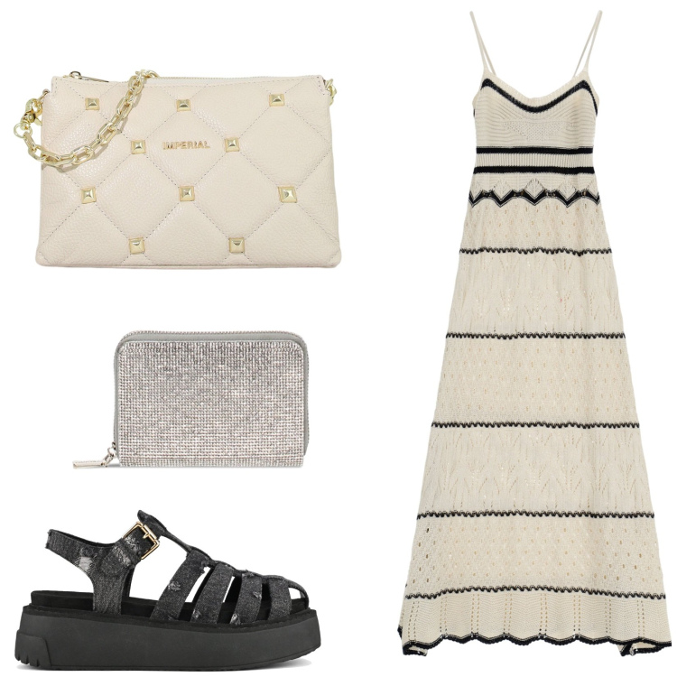 Outfit donna - Please sales. Stile Trendy per Tutti i giorni. Abbinamento con vestiti lunghi, pochette, portafogli, sandali.
