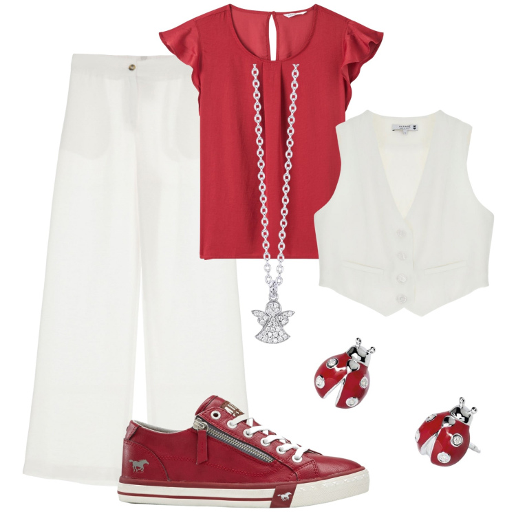 Outfit donna - In ufficio con le sneakers ciliegia. Stile Casual chic per Ufficio. Abbinamento con sneakers, bluse, orecchini, collane, gilet, pantaloni a palazzo.
