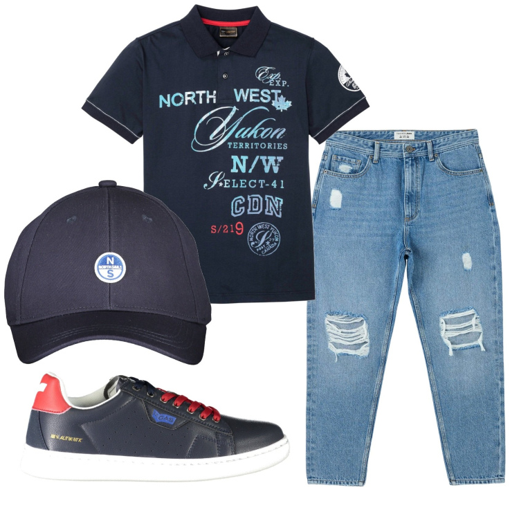 Outfit uomo - Total look #1915470. Stile Casual per Tutti i giorni. Abbinamento con polo, jeans strappati, sneakers, cappelli con visiera.
