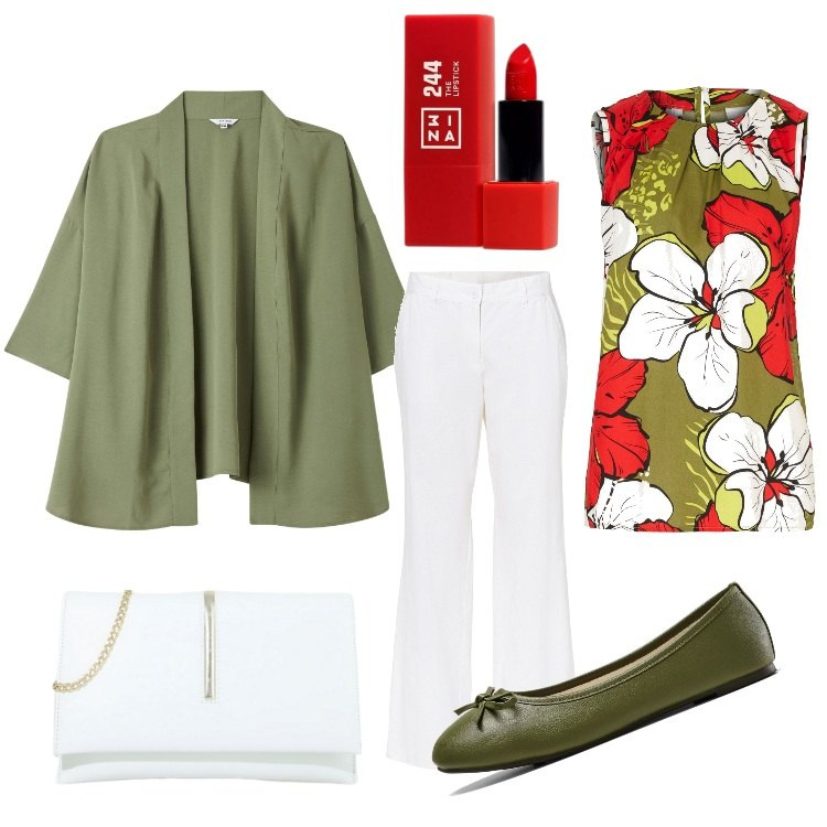 Outfit donna - 4 chiacchere con le amiche. Stile Basic per Tutti i giorni. Abbinamento con top, pantaloni, ballerine, rossetti, kimono, pochette.