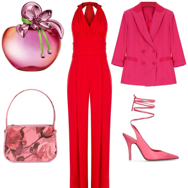 Outfit donna - Rosa e rosso. Stile Bon Ton per Ufficio. Abbinamento con profumi, tute, blazer, borse a mano, décolleté.