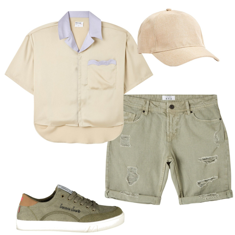 Outfit uomo - Total look #1915521. Stile Trendy per Tutti i giorni. Abbinamento con bermuda, camicie a manica corta, cappelli, sneakers.