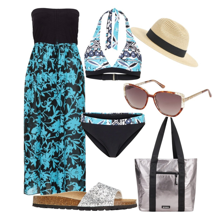 Outfit donna - Il bikini colorato per le vacanze. Stile 70s per Mare. Abbinamento con vestiti da spiaggia, bikini, ciabatte, cappelli, shopping bag, occhiali da sole.
