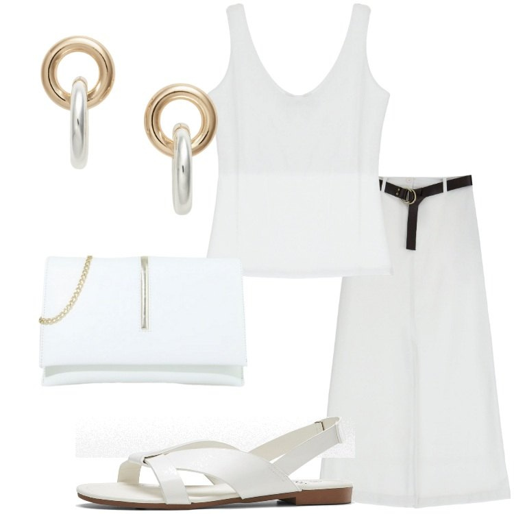 Outfit donna - Leggerezza in Total White. Stile Casual chic per Serata fuori. Abbinamento con sandali, pochette, gonne lunghe, top, orecchini.