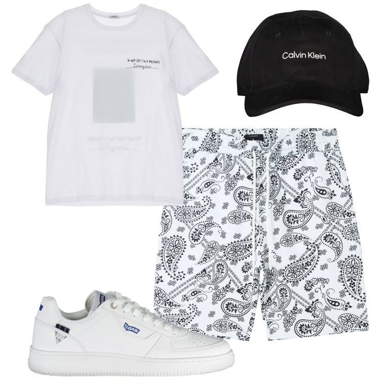Outfit uomo - Total look #1915527. Stile Casual per Tutti i giorni. Abbinamento con bermuda, t-shirt, scarpe sportive, cappelli con visiera.