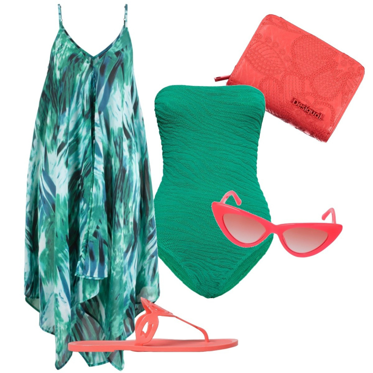 Outfit donna - Costume o body?. Stile Chic per Mare. Abbinamento con vestiti da spiaggia, costumi interi, ciabatte, portafogli, occhiali da sole.