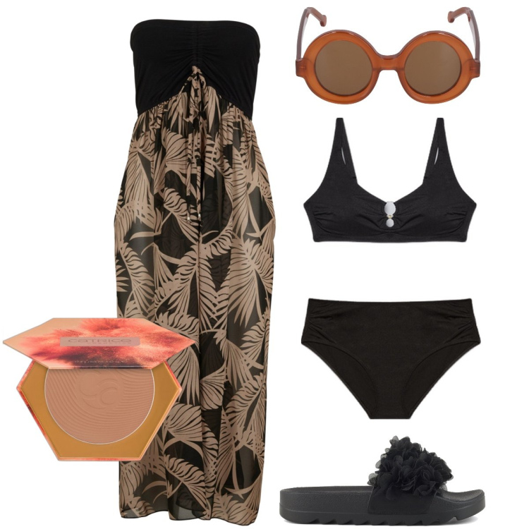 Outfit donna - Terra abbronzante dopo l’abbronzatura. Stile Bon Ton per Mare. Abbinamento con vestiti da spiaggia, terre, bikini, ciabatte, occhiali da sole.