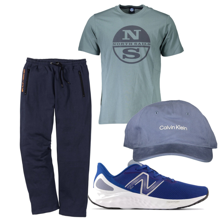 Outfit uomo - Sport zone. Stile Urban per Tutti i giorni. Abbinamento con pantaloni, scarpe sportive, t-shirt, cappelli con visiera.
