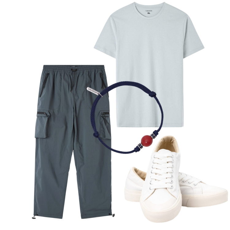 Outfit uomo - Cargo lavagna. Stile Casual per Tutti i giorni. Abbinamento con pantaloni cargo, t-shirt, braccialetti, sneakers.