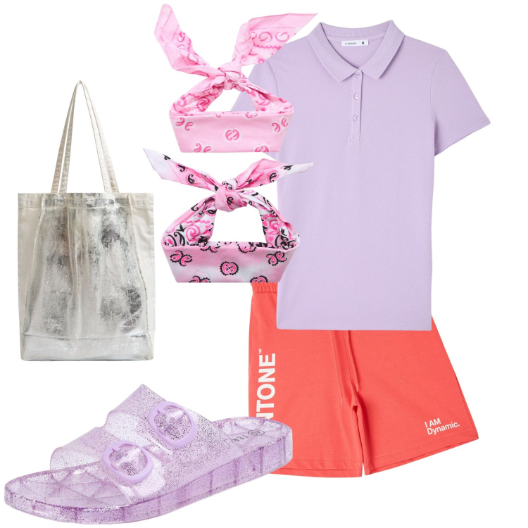 Outfit donna - Easy look. Stile Basic per Tutti i giorni. Abbinamento con bermuda, fasce per capelli, polo, shopping bag, ciabatte.