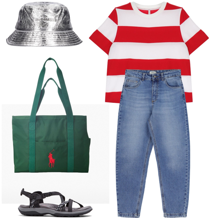 Outfit donna - Allegro look. Stile Sporty chic per Tutti i giorni. Abbinamento con sandali, t-shirt, jeans, borse tote, cappelli.