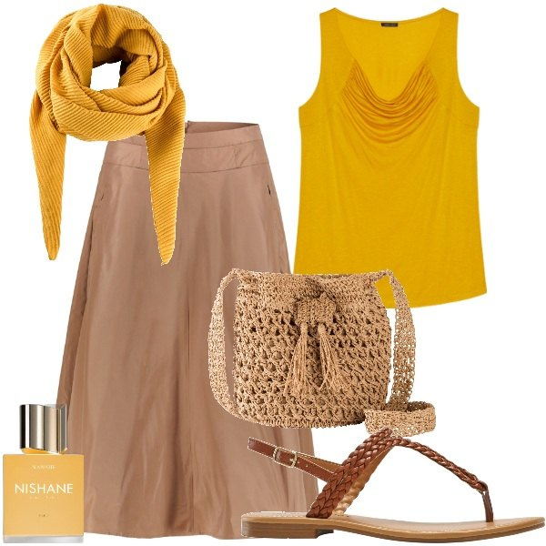 Outfit donna - Desert Aunt. Stile Etnico per Mare. Abbinamento con foulard, ciabatte, borse a tracolla, profumi, top, gonne.