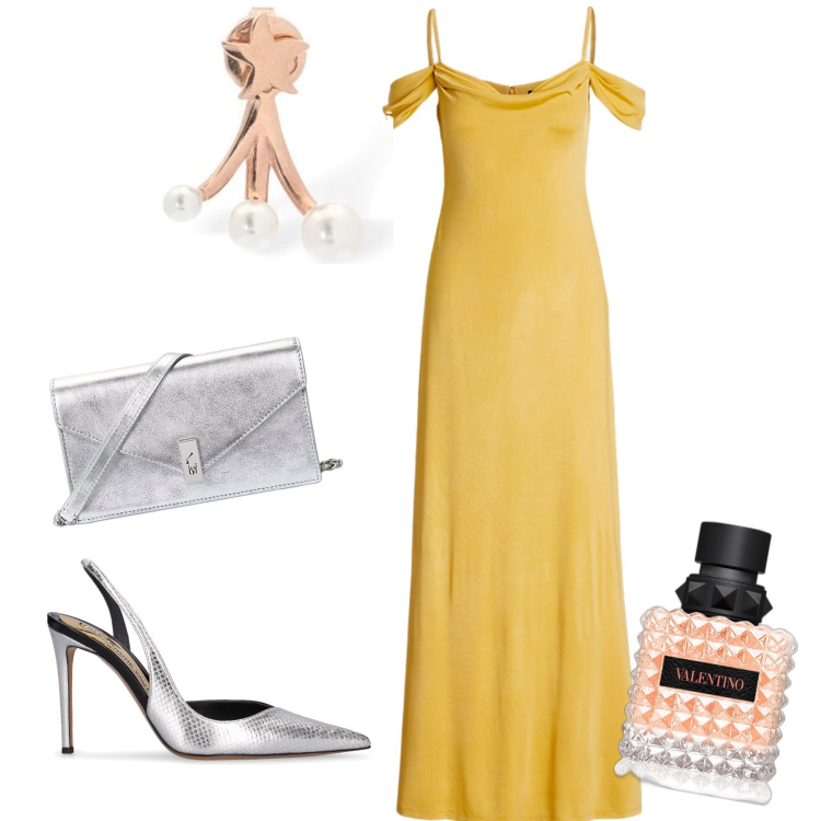 Outfit donna - Oro argento perle e che profumo. Stile Glamour per Serata fuori. Abbinamento con profumi, clutch, vestiti lunghi, décolleté, orecchini.
