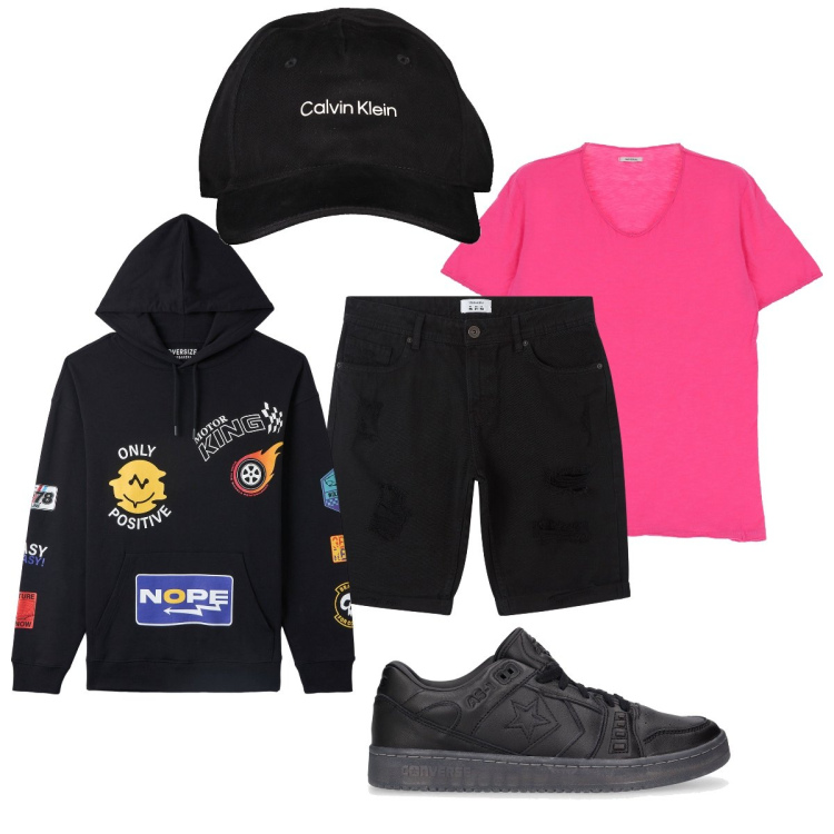 Outfit uomo - Total look #1915573. Stile Biker Rock per Tutti i giorni. Abbinamento con bermuda, felpe con cappuccio, t-shirt, sneakers, cappelli con visiera.