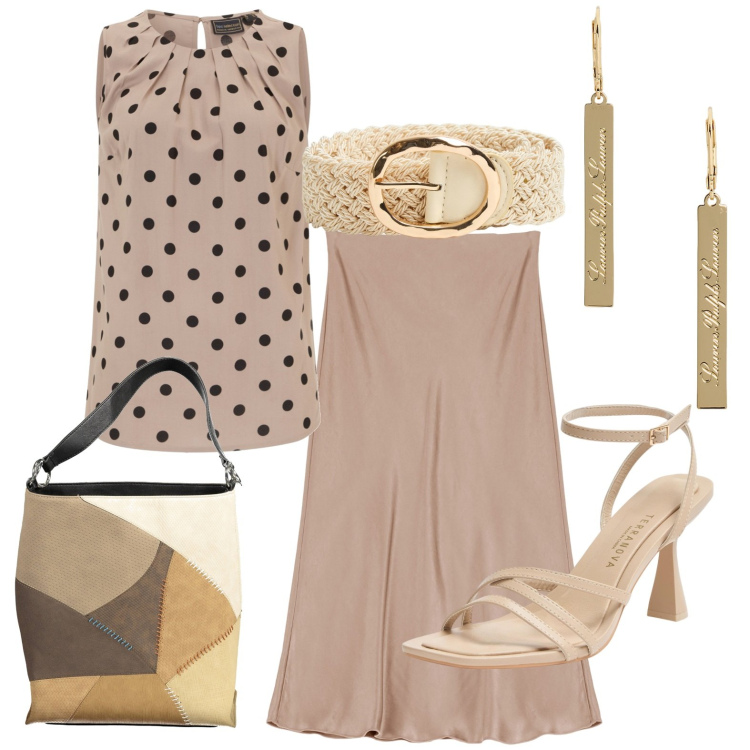 Outfit donna - Total look #1915585. Stile Casual chic per Tutti i giorni. Abbinamento con top, sandali col tacco, cinture, gonne longuette, orecchini, borse a spalla.
