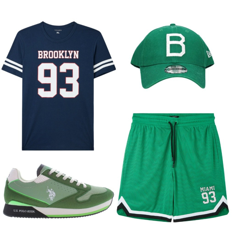Outfit uomo - Valerio: passione basket. Stile Urban per Tutti i giorni. Abbinamento con t-shirt, bermuda, cappelli con visiera, scarpe sportive.