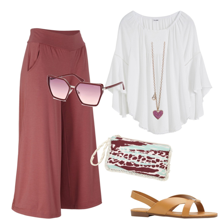 Outfit donna - Curvy fashion. Stile Casual chic per Serata fuori. Abbinamento con pantaloni culotte, sandali, bluse, collane, pochette, occhiali da sole.