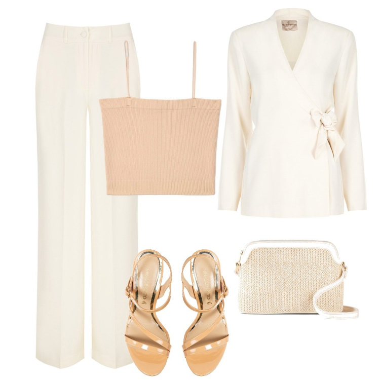 Outfit donna - Cerimonia in giardino. Stile Chic per Cerimonia. Abbinamento con borse a tracolla, canottiere, blazer, pantaloni a palazzo, sandali in pelle.