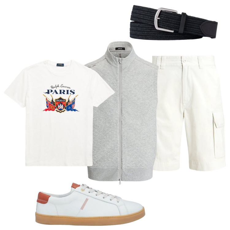 Outfit uomo - Una serata fresca. Stile Trendy per Serata speciale. Abbinamento con cinture, maglieria, t-shirt, shorts, sneakers.